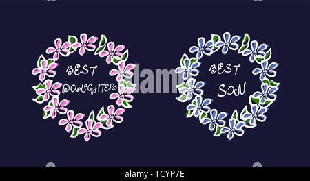 Skizze Kranz. Unvorsichtige Zeichnung. Rosa und Blaue Blüten. Grüne Blätter. Weiß streichen. Die Inschrift ist der beste Sohn und Tochter. Einfache Stock Vektor