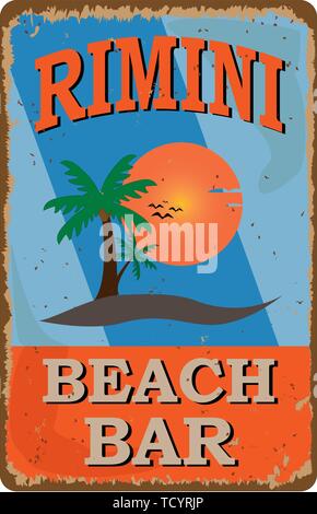 Rimini Strand bar Retro beschädigt rostigen Schild. Vintage Werbung für tropische Cafe Bar. Sonne, Sommer und Meer Thema. Stock Vektor