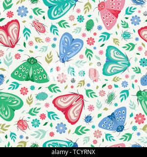 Nahtlose Repeat Pattern Hintergrund der bunten Falter, Käfer, Blätter und Blüten. Ein Vektor Hintergrund von Insekten und Pflanzen. Stock Vektor
