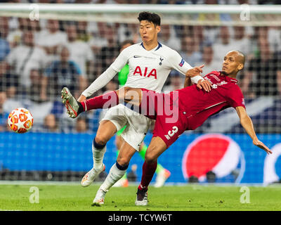 1. juni 2019 Madrid, Spanien Fussball Champions League Finale: Tottenham Hotspur gegen Liverpool l+r Heung Min Son (Tottenham Hotspur) und Fabinho (liverpool FC) Stockfoto