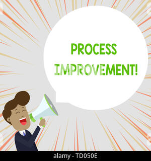 Text Zeichen angezeigt Prozessverbesserung. Business Foto Text Optimierung Treffen neue Kontingente Qualität junger Mann schreit in Megaphon Floating Stockfoto