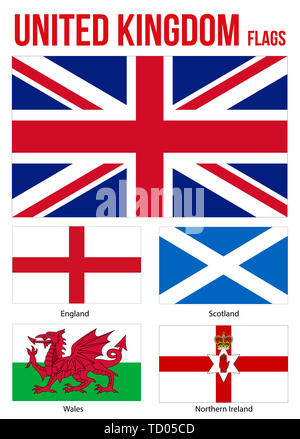 Großbritannien Fahnen Sammlung Vector Illustration auf weißem Hintergrund. Länder des Vereinigten Königreichs. Flagge von England, Nordirland, Wales Stockfoto