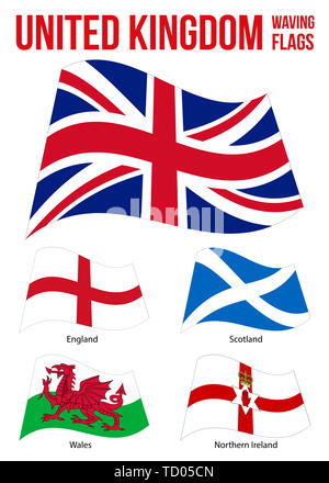 Vereinigtes Königreich wehenden Fahnen Sammlung Vector Illustration auf weißem Hintergrund. Länder des Vereinigten Königreichs. Flagge von England, Nordirland, Wa Stockfoto