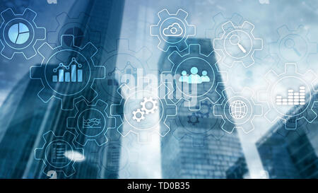 Business Process abstract Diagramm mit Getrieben und Symbole. Workflow- und Automatisierungstechnik Konzept Stockfoto