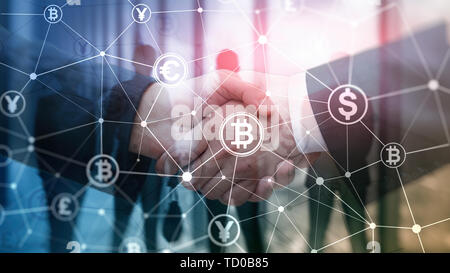 Double Exposure Bitcoin und blockchain Konzept. Digitale Wirtschaft und der Handel mit Devisen. Stockfoto