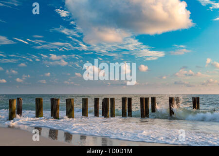 Alte pier Pilings bei Sonnenuntergang über dem Golf von Mexiko, Naples, Florida, USA Stockfoto