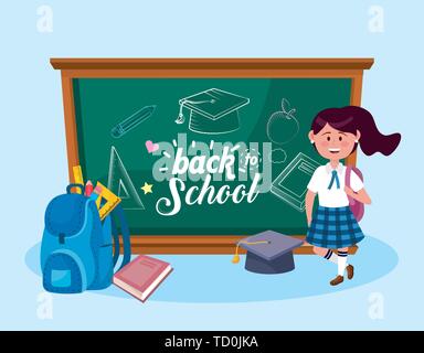 Mädchen Schüler mit Rucksack und skalenhaube mit Buch zurück Vector Illustration zur Schule Stock Vektor