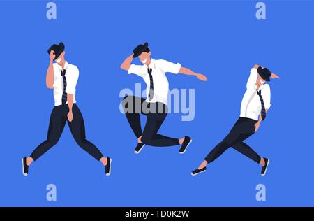 Unternehmer tanzen in unterschiedlichen Posen männlichen Zeichentrickfiguren zusammen Posieren blauen Hintergrund Flachbild voller Länge horizontal Stock Vektor