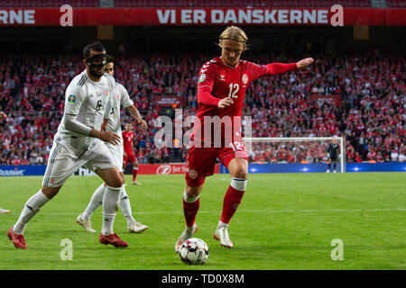 Kopenhagen, Dänemark. 10 Juni, 2019. Dänemark, Kopenhagen - 10. Juni 2019. Kasper Dolberg (12) von Dänemark während der EM-Qualifikationsspiel 2020 Match zwischen Dänemark und Georgia bei Telia Parken in Kopenhagen gesehen. (Foto: Gonzales Foto/Alamy leben Nachrichten Stockfoto