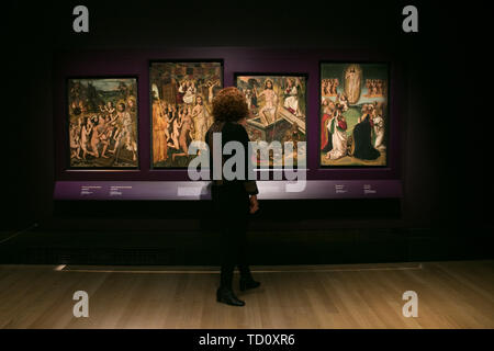 London, Großbritannien. 11. Juni 2019. Bild: (nach rechts) Abstieg Christi in die Vorhölle Links; Christus mit der Gerade im Paradies; Auferstehung, Himmelfahrt (Museo Nacional d'Art de Catalunya, Barcelona). Bartolomé Bermejo der spanischen Renaissance ist, eines der innovativsten und Spanien erreicht, Maler, die in der zweiten Hälfte des 15. Jahrhunderts aktiv war. Credit: Amer ghazzal/Alamy leben Nachrichten Stockfoto