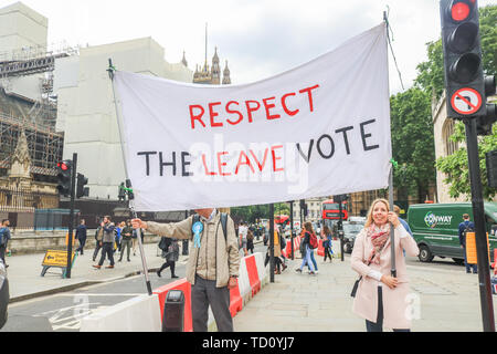 London, Großbritannien. 11 Juni, 2019. Die Demonstranten zugunsten der aus der Europäischen Union demonstrieren mit Brexit Partei Plakate außerhalb der Häuser des Parlaments als Partei der Arbeit bereitet eine interfraktionelle Motion eingereicht, um zu versuchen, einen künftigen Ministerpräsidenten durch eine nicht-deal Brexit gegen den Willen des MPs mit starken Quoten auf Pro Brexit frontrunner Boris Johnson gelingen Theresa May, die bevorzugt eine Kein Deal Credit: Amer ghazzal/Alamy Leben Nachrichten zu stoppen Stockfoto