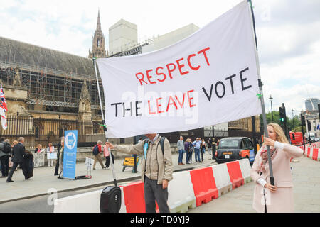 London, Großbritannien. 11 Juni, 2019. Die Demonstranten zugunsten der aus der Europäischen Union demonstrieren mit Brexit Partei Plakate außerhalb der Häuser des Parlaments als Partei der Arbeit bereitet eine interfraktionelle Motion eingereicht, um zu versuchen, einen künftigen Ministerpräsidenten durch eine nicht-deal Brexit gegen den Willen des MPs mit starken Quoten auf Pro Brexit frontrunner Boris Johnson gelingen Theresa May, die bevorzugt eine Kein Deal Credit: Amer ghazzal/Alamy Leben Nachrichten zu stoppen Stockfoto