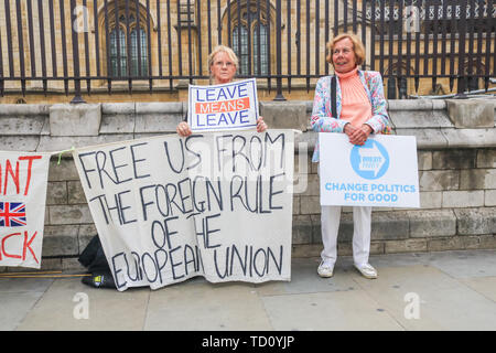 London, Großbritannien. 11 Juni, 2019. Die Demonstranten zugunsten der aus der Europäischen Union demonstrieren mit Brexit Partei Plakate außerhalb der Häuser des Parlaments als Partei der Arbeit bereitet eine interfraktionelle Motion eingereicht, um zu versuchen, einen künftigen Ministerpräsidenten durch eine nicht-deal Brexit gegen den Willen des MPs mit starken Quoten auf Pro Brexit frontrunner Boris Johnson gelingen Theresa May, die bevorzugt eine Kein Deal Credit: Amer ghazzal/Alamy Leben Nachrichten zu stoppen Stockfoto