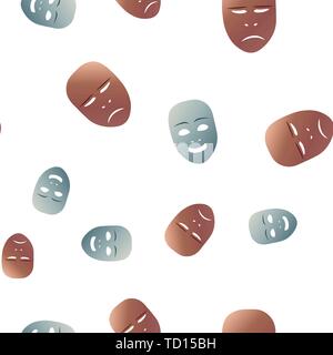 Nahtlose Muster theatralischen Maske mit traurig und glücklich Emotion. Vector Illustration. Bronze und Silber Masken mit Steigung auf weißem Hintergrund. Stock Vektor