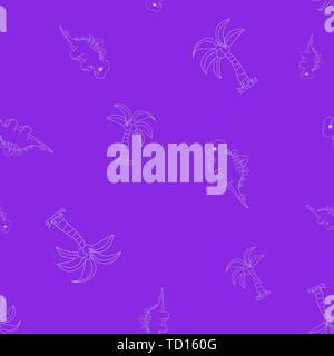 Nahtlose Muster der Kontur von dinosaurus Stegosaurus und Palm Kokosnuss. Auf lila Hintergrund isoliert. Vector Illustration. Stock Vektor