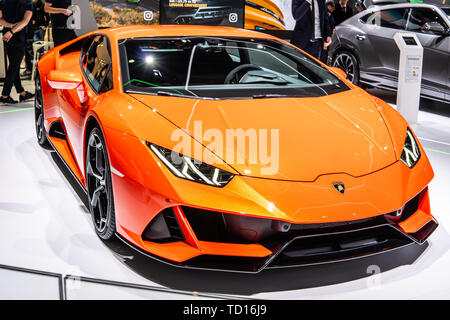 Genf, Schweiz, März 07, 2019 Lamborghini Huracan Evo Coupé am Genfer Autosalon, supercar Hergestellt von Italienischen Lamborghini Stockfoto