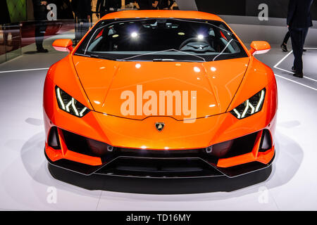 Genf, Schweiz, März 07, 2019 Lamborghini Huracan Evo Coupé am Genfer Autosalon, supercar Hergestellt von Italienischen Lamborghini Stockfoto