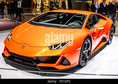 Genf, Schweiz, März 07, 2019 Lamborghini Huracan Evo Coupé am Genfer Autosalon, supercar Hergestellt von Italienischen Lamborghini Stockfoto