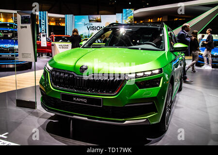 Genf, Schweiz, März 05, 2019: Weltpremiere: Skoda Kamiq am Genfer Autosalon, MQB 0 Kleinwagen-SUV von Skoda Stockfoto