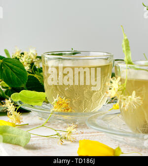 Transparente Becher mit Tee aus Linden auf einem weißen Holzbrett Stockfoto
