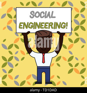 Schreiben Hinweis Übersicht Social Engineering. Business Konzept für psychologische Manipulation Zugriff durch Betrug lächelnden Mann stand mit grossen leeren Stockfoto