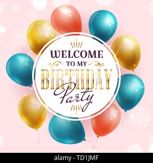 Geburtstag Einladung mit bunten Luftballons. Vektor Banner. Stock Vektor