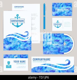 Satz von corporate identity Vorlagen mit Anker Logo. Nautische und Meer Themen. Flyer, ID-Karte, CD-Cover, Banner und Visitenkarte. Elegante branding de Stock Vektor