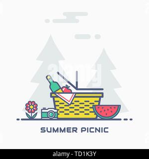 Sommer Picknick in der Natur. Vektor Banner mit Korb, Wein, Apfel, Wassermelone, Kamera und mit Bäumen im Hintergrund. Farbenfrohe, moderne Linie Abbildung. Stock Vektor
