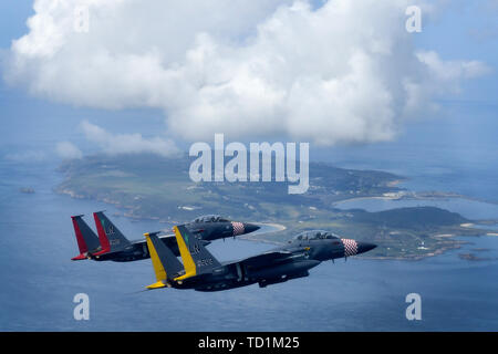 Ein paar Erbe lackiert F-15E Strike Eagles zugeordnet zu der 48th Fighter Wing ein Flypast über der Normandie, Frankreich zur Unterstützung der 75. Jahrestag des D-Day der 9. Juni, 2019. Eine epische multinationale Operation, D-Day Partnerschaften und stärkt die transatlantischen Bande, die an diesem Tag bleiben. (U.S. Air Force Foto/Tech. Sgt. Matthäus Plew) Stockfoto