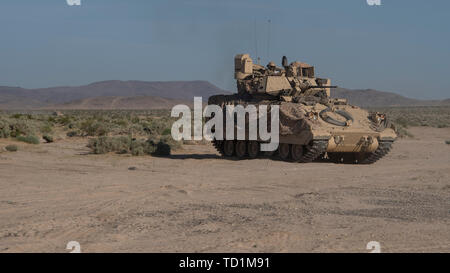 Eine M3A2 Bradley Fighting Fahrzeug aus dem 116 Kavallerie Brigade Combat Team bewegt sich über das National Training Center im kalifornischen Fort Irwin, 6. Juni 2019. Die Bradley ist ein schützenpanzer wird demontiert Infanterie Soldaten in der Nähe von feindlichen Truppen zu manövrieren. (U.S. Air National Guard Foto von Master Sgt. Joshua C. Allmaras) Stockfoto