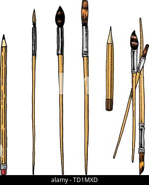 Werkzeuge und Materialien des Künstlers für Zeichnung. Pinsel und Stifte. Handwerk kreative Menschen. Ausrüstung in Doodle Stil. Graviert hand gezeichnete Skizze. Stock Vektor