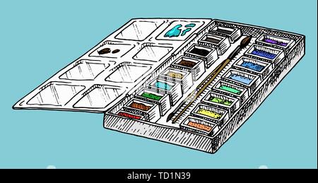 Farbpalette. Werkzeuge und Materialien des Künstlers für die Zeichnung in der Kunst Salon. Handwerk kreative Menschen. Graviert hand gezeichnete Skizze in Doodle Stil. Stock Vektor