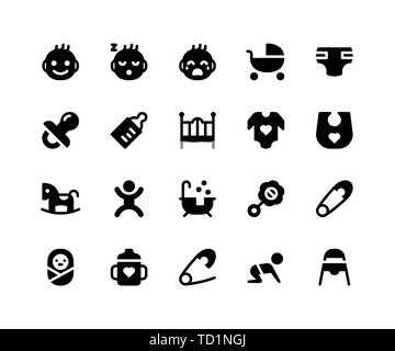 Einfache Baby ähnliche Vektor Glyphe Symbole. Enthält solche Ikonen wie Baby, Kinderwagen, Windeln, Schnuller, Flasche und mehr. Pixel Perfect Vector Icons ba Stock Vektor