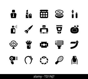 Einfache Schönheit Verwandte Vektor Glyphe Symbole. Enthält solche Ikonen wie Nagellack, Lippenstift, Make-up, Kompakt, Mascara und mehr. Pixel Perfect vecto Stock Vektor