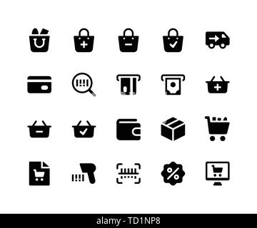 Einfache E-Commerce ergänzende Vektor Glyphe Symbole. Enthält solche Ikonen wie Shopping Bag, Discount, Store, Aufkleber und vieles mehr. Pixel Perfect Vector Icons Stock Vektor