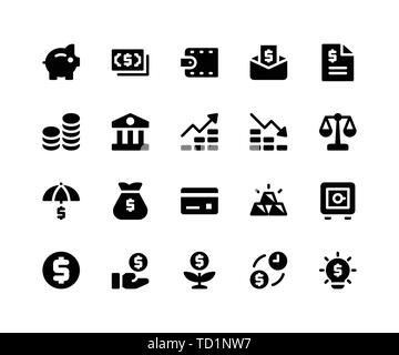 Einfache Finanzielle ähnliche Vektor Glyphe Symbole. Enthält solche Ikonen als Spardose, Geld, Brieftasche, Bill, Münzen und mehr. Pixel Perfect Vector Icons base Stock Vektor