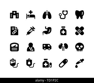 Einfache medizinische Ergänzende Vektor Glyphe Symbole. Enthält solche Ikonen wie Krankenhaus, Medizin, Lungen, Arzt, Zähne und mehr. Pixel Perfect Vector Icons Stock Vektor