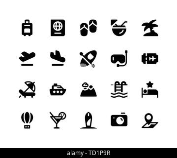 Einfache Reisen bezogene Vektor Glyphe Symbole. Enthält solche Ikonen wie Aktenkoffer, Reisepass, Sandalen, Kokos, Insel und Vieles mehr. Pixel Perfect Vektor i Stock Vektor