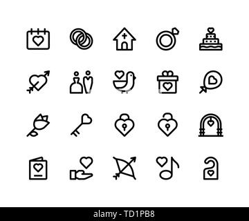 Einfache Hochzeit Verwandte Vektor Zeile für Symbole. Enthält solche Ikonen wie Datum, Ring, Kirche, Kuchen, Bogen und mehr. Pixel Perfect Vector Icons auf 3 Stock Vektor