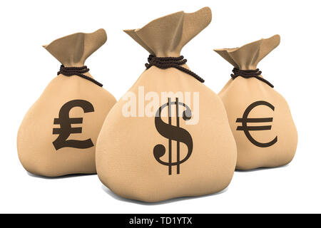 Geld beutel mit Dollar, Euro und Pfund Sterling Symbol. 3D-Rendering auf weißem Hintergrund Stockfoto