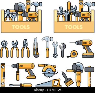 Die Arbeit tools icons-Toolbox, Locher, Bohrer, Schraubenschlüssel, Flugzeug, Säge, Zange und Construction Tools kit Stock Vektor