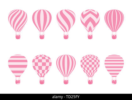 Hot Air Balloon isoliert Schwarzweiß eingestellt. Sammlung von Luftballons mit Mustern Zig Zags, Wellenlinien, gestreift oder mit Korb und heisse Luft im Retro-stil für Flug Konzept Design kariert Stockfoto