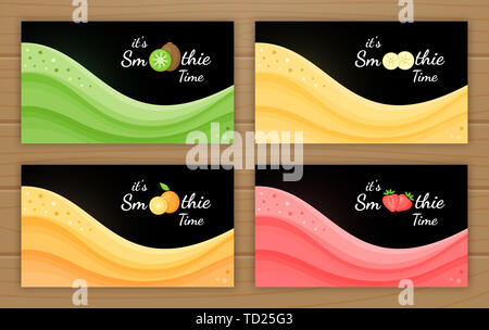 Satz von Smoothie logo Fruchtcocktail flachbild Abbildung. Smoothie Logo auf schwarzem Hintergrund, gewellt Splash bunte Smoothies Cocktail oder Eis Teil für Fitness Startseite Konzept. Stockfoto