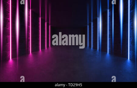 Futuristische Sci-Fi moderne Zimmer mit Streifen geformte Blau und Violett leuchtenden Neon Linien. Stockfoto