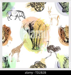 Nahtlose Muster von Hand gezeichnete Skizze Stil afrikanische und asiatische Tiere auf weißem Hintergrund. Vector Illustration. Stock Vektor