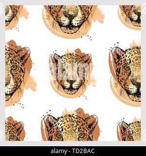 Seamless pattern of hand drawn sketch style portraits of leopard isolated on white background. Vector illustration. Stock Vektor