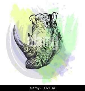 Handskizze stil Portrait von Rhino auf weißem Hintergrund dargestellt. Vector Illustration. Stock Vektor