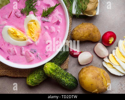 Kalte Rüben Suppe mit Ei - traditionelle belorussische, Lettisch, Litauisch, Polnisch, Russisch und Ukrainisch Suppe mit Mangold oder rote Bete, Gurken, Radi Stockfoto