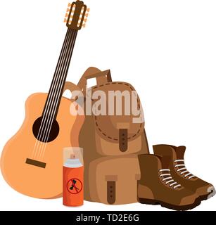 Camping Travel Bag mit Gitarre und Stiefel Stock Vektor