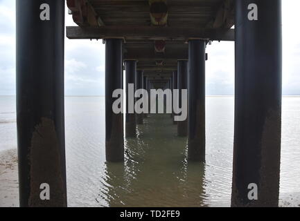 Unter Urangan Pier Perspektive betrachten. Unter einem Pier in Hervey Bay (Queensland, Australien), zeigt die Struktur der Pfähle und Support. Stockfoto